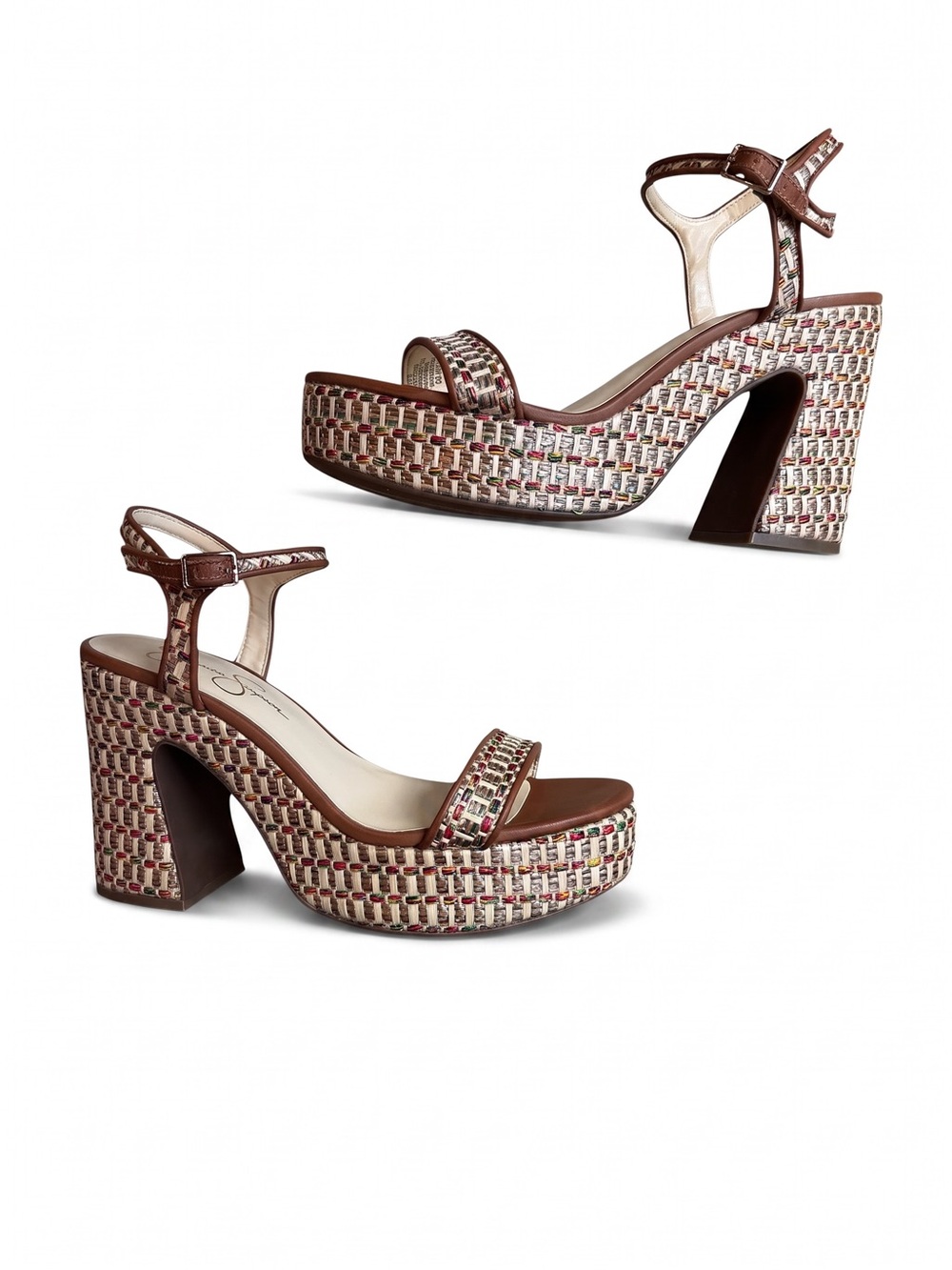 Jessica Simpson Multicolor Woven Platform Sandals with Brown Trim - Picture 6 of 15